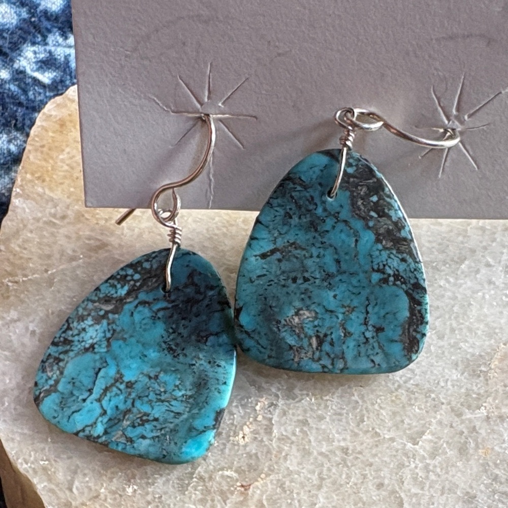 Turquoise Stone Drop Earrings - Blue-Green Semi-Precious Jewelry - Picture 5 of 5